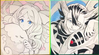 1boy 1girl blue_eyes blush caitlin_(pokemon) closed_mouth coin eyelashes gen_3_pokemon gen_5_pokemon greyscale_with_colored_background grimsley_(pokemon) holding holding_coin long_hair looking_at_viewer musharna nintendo pokemon pokemon_(creature) pokemon_dppt pokemon_platinum pokemon_sm red_eyes ryuusei_(trickster) sharpedo smoke spot_color traditional_media