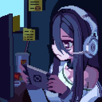 1girl animated animated_gif black_choker black_hair black_nails breasts brodall_pixel choker cleavage cup disposable_cup exia_(nikke) game_controller_print goddess_of_victory:_nikke hair_between_eyes handheld_game_console headset holding holding_handheld_game_console indoors jacket long_hair medium_breasts nail_polish off_shoulder open_clothes open_jacket pixel_art playing_games purple_eyes screen_light shirt sidelocks solo ugoira upper_body white_jacket white_shirt