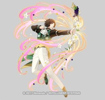 1boy arrow_(projectile) ascot attack black_hair black_shirt bouquet bow_(weapon) closed_eyes commentary_request drawing_bow fighting_stance fire_emblem fire_emblem_engage fire_emblem_heroes flower food fruit gradient_vest grapes green_vest holding holding_arrow holding_bouquet holding_bow_(weapon) holding_weapon isamu long_sleeves louis_(fire_emblem) louis_(petal_knight)_(fire_emblem) male_focus nintendo official_alternate_costume official_art open_mouth pants quiver shirt shoes smile vest weapon white_ascot white_pants