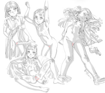 4girls against_railing alphonse_(white_datura) arms_up artist_name blunt_bangs bottomless breasts censored clothes_pull collarbone collared_dress completely_nude cropped_legs crotch_rub dated dildo dress dress_pull flat_chest full_body gluteal_fold gun handgun hat heart heart_censor highres holding holding_sex_toy holding_weapon loli long_hair lying monochrome multiple_girls multiple_views navel nude nurse_cap object_insertion on_back open_clothes open_shirt original panties panties_around_leg railing sex_toy short_hair short_sleeves signature simple_background sketch small_breasts spot_color spread_legs thighhighs underwear vaginal vaginal_object_insertion weapon white_background wide_spread_legs