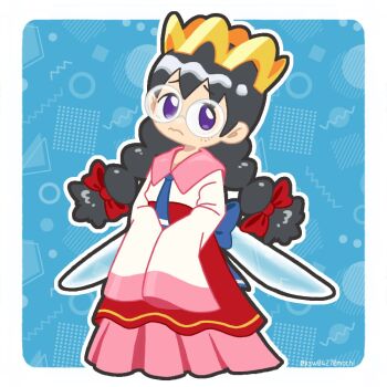 Rule 34 | 1girl, artist name, black hair, bow, braid, crown, fairy, fairy wings, freckles, glasses, hair bow, kashiwa (ksw04270mochi), kirby (series), kirby 64, long hair, long skirt, looking at viewer, low twin braids, nintendo, pink skirt, purple eyes, red bow, ripple star queen, skirt, sleeves past fingers, sleeves past wrists, twin braids, wings