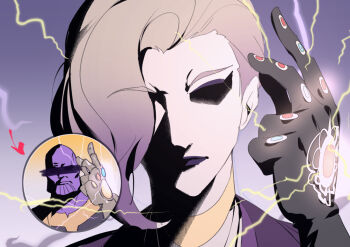 2boys blonde_hair censored censored_identity commentary_request electricity fishee_(fisheem4mmal) gloves gradient_hair hand_up infinity_gauntlet male_focus marvel multicolored_hair multiple_boys purple_background purple_hair shaded_face short_hair snapping_fingers solo thanos twisted_wonderland vil_schoenheit vil_schoenheit_(luxe_couture)