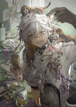 1other absurdres animal animal_on_head animal_on_shoulder beagle bottle bread bread_slice brown_hair candy candy_jar coat colored_tips dog evidence_board food fork gloves goggles goggles_on_head grin hair_between_eyes hand_up highres holding holding_candy holding_food holding_lollipop id_card indoors kelezi lollipop medicine_pocket medium_hair multicolored_hair on_head plate reverse:1999 scissors sharp_teeth smile solo table_knife teeth test_tube test_tube_rack toast upper_body white_coat white_gloves white_hair yellow_eyes