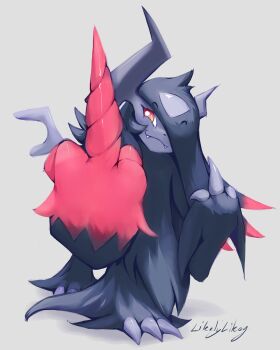 Rule 34 | absol, bright pupils, claws, closed mouth, commentary, fangs, fangs out, gen 3 pokemon, grey background, highres, likey, mega absol z, middle finger, nintendo, no humans, orange eyes, pokemon, pokemon (creature), pokemon focus, signature, smile, solo, white pupils