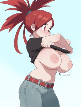 1girl belt black_shirt blue_background blue_pants blush breasts commentary contrapposto cowboy_shot denim flannery_(pokemon) fruithead gradient_background highres inverted_nipples jeans large_areolae large_breasts long_hair looking_to_the_side motion_lines nintendo no_bra pants parted_bangs pokemon pokemon_rse ponytail puffy_nipples red_belt red_eyes red_hair shirt simple_background skindentation solo sound_effects standing straight_hair two-tone_background undressing white_background