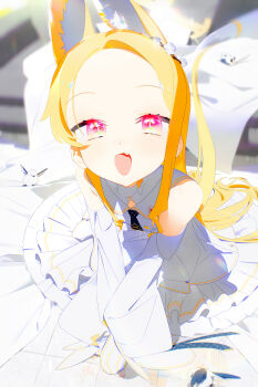 1girl absurdres animal_ear_fluff animal_ears bad_id bad_pixiv_id bird black_necktie blonde_hair blue_archive blush bm_tol commentary detached_sleeves dress fang forehead fox_ears fox_girl fox_tail halo highres looking_at_viewer necktie outdoors pantyhose seia_(blue_archive) skin_fang sleeves_past_fingers sleeves_past_wrists smile solo striped_clothes striped_pantyhose symbol-only_commentary tail vertical-striped_clothes vertical-striped_pantyhose white_dress white_pantyhose