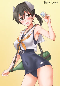 1girl alcohol anti_(untea9) belt black_hair black_one-piece_swimsuit bottle breasts choko_(cup) covered_navel cowboy_shot cup headgear highres i-41_(kancolle) kantai_collection low_ponytail neckerchief one-piece_swimsuit orange_neckerchief ponytail sailor_collar sailor_shirt sake_bottle school_swimsuit shirt sleeveless sleeveless_shirt small_breasts solo swimsuit swimsuit_under_clothes twitter_username white_sailor_collar yellow_background
