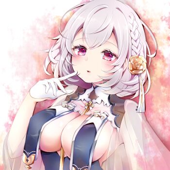 1girl azur_lane breast_curtains breasts china_dress chinese_clothes cleavage commentary dress gloves grey_dress hair_between_eyes half_gloves haruko_mugi large_breasts looking_at_viewer medium_hair official_alternate_costume ribbon_between_breasts see-through_clothes see-through_sleeves sideboob sirius_(azur_lane) sirius_(azure_horizons)_(azur_lane) solo upper_body white_gloves white_hair