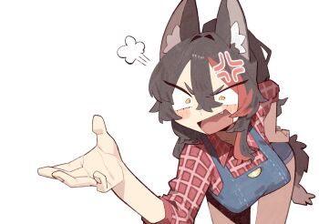 1girl :d anger_vein animal_ear_fluff animal_ears bent_over black_hair blush_stickers breasts cocomayo29_(tomato) commentary costume_request denim denim_overalls fang hand_on_own_hip hololive multicolored_hair ookami_mio open_mouth outstretched_arm plaid_clothes plaid_shirt puff_of_air red_streaks shirt smile streaked_hair tail untranslatable_commentary upper_body v-shaped_eyes virtual_youtuber wide-eyed wolf_ears wolf_girl wolf_tail yellow_eyes