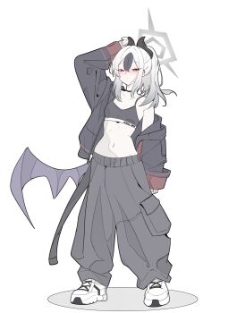 1girl absurdres alternate_costume amebrew arm_up armpit_crease baggy_pants black_choker black_jacket black_pants black_sports_bra black_streaks blue_archive blush breasts choker cleavage collarbone commentary_request demon_horns frown full_body grey_hair grey_halo halo highres horns jacket kayoko_(blue_archive) multicolored_hair navel o-ring o-ring_choker open_clothes open_jacket pants red_eyes shoes simple_background single_bare_shoulder single_wing small_breasts sneakers solo spiked_halo split_mouth sports_bra standing stomach streaked_hair white_background white_shoes wings