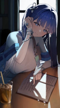 1girl adjusting_hair arcana_(nikke) blue_eyes blue_hair book cup cursive dress drink goddess_of_victory:_nikke highres long_sleeves looking_at_viewer nightgown q10u silver_nails solo tight_clothes tight_dress white_nightgown zipper_dress
