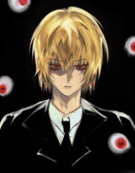 1boy black_background blonde_hair commentary disembodied_eye earrings formal_clothes highres hunter_x_hunter jewelry kurapika looking_at_viewer necktie portrait red_eyes single_earring solo suit txasttszu