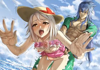 1boy 1girl absurdres alice_(queen_of_the_beach)_(tales) alice_(tales) bikini blonde_hair blue_eyes blue_hair blue_sky blush bodysuit bow bowtie breasts clothed_sex commission dialogue_box diving_suit floral_print frilled_bikini frills hat heart hetero hibiscus_petals highres kusu_(moo1225) long_hair male_swimwear motion_lines muscular muscular_male ocean open_mouth outdoors pink_bow pink_bowtie public_indecency pussy_juice regal_bryan regal_bryan_(swimmer) ribbon sex sex_from_behind short_hair signature sky small_breasts stomach_bulge sun_hat sweat swimsuit tales_of_(series) tales_of_asteria tales_of_link tales_of_symphonia tales_of_symphonia:_dawn_of_the_new_world vaginal wetsuit yellow_eyes