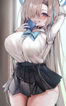 1girl :d asuna_(blue_archive) asuna_(school_uniform)_(blue_archive) black_choker black_skirt blonde_hair blue_archive blue_bow blue_bowtie blue_halo blue_ribbon blush bow bowtie breasts choker commentary_request cowboy_shot hair_over_one_eye hair_ribbon half-closed_eyes halo hands_up highres holding holding_phone huge_breasts ichigo_moka long_hair looking_at_viewer nail_polish official_alternate_costume open_mouth phone pleated_skirt ribbon shirt skirt smile solo teeth thick_thighs thighs white_shirt