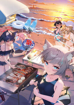 5girls absurdres ahoge animal_ear_fluff animal_ears ayane_(blue_archive) ayane_(swimsuit)_(blue_archive) bare_arms bare_shoulders beach bikini black_bikini black_hair black_one-piece_swimsuit blue_archive blue_eyes blue_halo blush breasts cat_ears cleavage closed_mouth competition_swimsuit cross_hair_ornament extra_ears eyewear_on_head fang food foreclosure_task_force_(blue_archive) frilled_bikini frills glasses green_halo grey_hair hair_bobbles hair_ornament halo hand_fan hat highres holding holding_fan hoshino_(blue_archive) hoshino_(swimsuit)_(blue_archive) inflatable_toy inflatable_whale innertube jacket large_breasts light_brown_hair long_hair looking_at_viewer low_twintails meat medium_breasts mismatched_pupils multiple_girls nonomi_(blue_archive) nonomi_(swimsuit)_(blue_archive) ocean one-piece_swimsuit open_clothes open_jacket open_mouth outdoors paper_fan pink_hair pink_halo pjman red-framed_eyewear red_eyes red_halo sausage serika_(blue_archive) serika_(swimsuit)_(blue_archive) shiroko_(blue_archive) shiroko_(swimsuit)_(blue_archive) skin_fang small_breasts smile squid striped_bikini striped_clothes sunglasses surfboard swim_ring swimsuit twintails uchiwa white_hat white_jacket wolf_ears yellow_bikini yellow_eyes