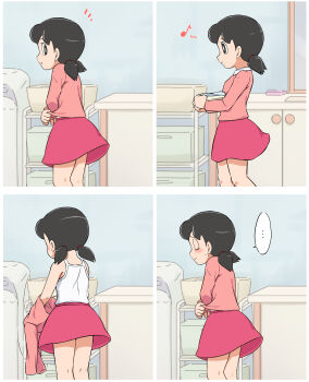 1girl black_hair blush closed_eyes doraemon goldmondsel highres minamoto_shizuka partially_undressed red_skirt skirt smile twintails undressing