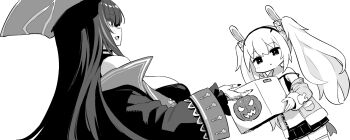 2girls animal_ears azur_lane azur_lane:_slow_ahead black_nails box coat commentary_request fake_animal_ears greyscale hat highres holding holding_box hori_(hori_no_su) jacket jewelry laffey_(azur_lane) long_hair miniskirt monochrome multicolored_hair multiple_girls open_mouth parted_lips pirate_hat queen_anne&#039;s_revenge_(azur_lane) rabbit_ears ring simple_background skirt streaked_hair thighhighs twintails white_background