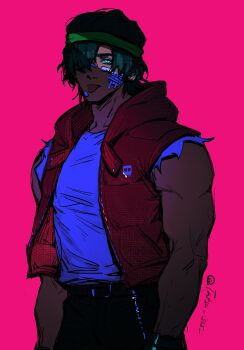 Rule 34 | 1boy, belt, biker (hotline miami), black belt, black pants, blue eyes, collarbone, commentary, cowboy shot, crew neck, english commentary, gauze, gauze on cheek, green hair, green hairband, hair over one eye, hairband, highres, hood, hood down, hooded jacket, hotline miami, jacket, looking at viewer, male focus, one eye covered, open clothes, open jacket, pants, pink background, shirt, shirt tucked in, short sleeves, simple background, sleeveless, sleeveless jacket, solo, tatsu (tatsumccree), tongue, tongue out, torn clothes, torn sleeves, twitter username, unzipped, white shirt