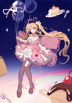 Rule 34 | 1girl, absurdres, arm warmers, armlet, back bow, ball, balloon, bare shoulders, beads, blonde hair, bow, bubble skirt, cake, cake slice, cone hair bun, double bun, dreamtime bestowed (infinity nikki), dress, dress bow, floating, floating hair, food, footwear ribbon, fork, four-pointed star, frilled arm warmers, frills, full body, hair bow, hair bun, hair ornament, halo, happy, heart, heart hair ornament, high heels, highres, himawari901, holding, holding balloon, infinity nikki, infinity symbol, jewelry, large bow, layered dress, leg ribbon, long hair, neck ribbon, necklace, nikki (series), offering hand, parted bangs, petticoat, pink bow, pink dress, pink halo, pink ribbon, pink shoes, planetary ring, plate, pudding, rainbow, ribbon, shoes, short dress, sidelocks, skirt, solo, space, spoon, star (sky), stiletto heels, strapless, strapless dress, striped bow, twintails, very long hair, white arm warmers, white bow, white dress