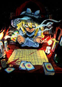1girl blonde_hair blood blood_splatter book bookshelf bottle bow braid candle candle_wax card coin coin_stack crossed_arms dagger dice embers facing_viewer fire frills hair_between_eyes hat hat_bow highres holding holding_card holding_dice inuyama_konan kirisame_marisa knife leaning_on_table long_hair nail_(hardware) shaded_face single_braid smile smoke smoke_trail spell_card table touhou weapon white_bow witch_hat yellow_eyes