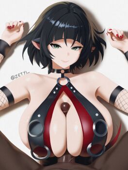 1boy 1girl animal_ears aqua_eyes black_choker black_hair breasts choker closed_mouth dark-skinned_male dark_skin fishnet_sleeves fishnets hands_up hetero highres interracial jane_doe_(nocturne_of_light)_(zenless_zone_zero) jane_doe_(zenless_zone_zero) large_breasts large_penis lying mouse_ears mouse_girl on_back paizuri paizuri_under_clothes penis pov pov_crotch red_nails simple_background smile spanish_commentary straddling_paizuri swimsuit uncensored very_dark_skin zenless_zone_zero zetyi