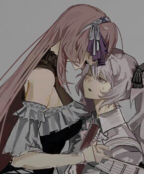 25-ji_luka 25-ji_miku 2girls baejaan0 bare_shoulders black_dress breasts center_frills collared_dress commentary covered_eyes detached_sleeves dress frilled_dress frilled_sleeves frills from_side grey_background grey_hair hair_ribbon hairband hatsune_miku high_collar highres large_breasts leotard long_hair looking_at_another megurine_luka multiple_girls one_eye_closed open_mouth parted_lips pink_eyes pink_hair project_sekai ribbon roman_numeral see-through_clothes see-through_leotard short_sleeves sidelocks simple_background straight_hair sweatdrop teeth tongue tongue_out twintails upper_body upper_teeth_only vocaloid white_dress white_hairband white_ribbon white_sleeves yuri