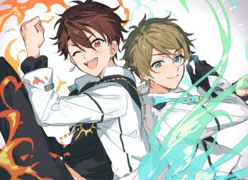 Rule 34 | 2boys, arm up, black gloves, brown hair, chinese commentary, clenched hand, closed mouth, commentary request, earrings, ensemble stars!, fire, fua1heyvot4ifsr, gloves, green eyes, hair between eyes, highres, jewelry, layered clothes, long sleeves, looking at viewer, male focus, mixed-language commentary, morisawa chiaki, multiple boys, official alternate costume, one eye closed, open mouth, partial commentary, red eyes, short hair, smile, takamine midori, teeth, upper teeth only