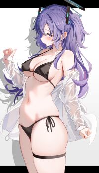 1girl absurdres alternate_costume bikini black_bikini black_halo blue_archive blush breasts collarbone covered_erect_nipples cowboy_shot curvy drop_shadow eyelashes from_side groin hair_between_eyes hair_ornament halo halterneck hand_up highres incredibly_absurdres large_breasts letterboxed long_hair looking_at_viewer mechanical_halo navel open_clothes open_shirt parted_lips profile purple_eyes purple_hair red_pupils revision see-through_clothes see-through_shirt shadow shirt shirt_partially_removed sideboob sideways_glance sikimosh simple_background skindentation solo stomach string_bikini swimsuit thick_thighs thigh_strap thighs triangle_hair_ornament two_side_up underboob very_long_hair white_background white_shirt yuuka_(blue_archive)