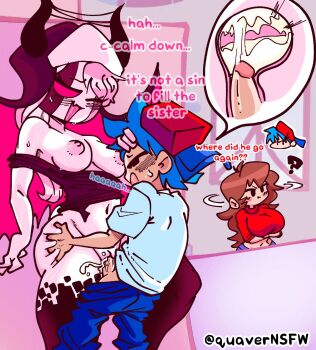 Rule 34 | 1boy, 2girls, ?, against wall, ass, boyfriend (friday night funkin'), breasts, cheating (relationship), colored skin, commentary, cross-section, cum, cum in pussy, demon girl, demon horns, demon wings, english commentary, english text, feet out of frame, friday night funkin', girlfriend (friday night funkin'), highres, horns, multiple girls, netorare, nun, oral, penis, pink skin, pussy juice, quaverdraws, sarvente (friday night funkin'), sex, signature, standing, stealth sex, sweat, torn clothes, twitter username, vaginal, white skin, wings