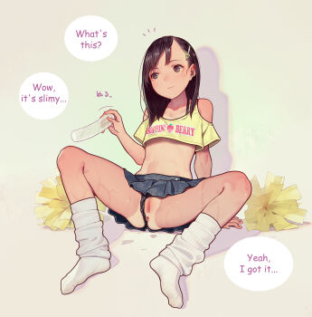 1girl anus arm_support black_panties blue_skirt brown_hair censored closed_mouth clothing_aside dildo english_text female_focus full_body grey_background hair_ornament hairclip highres holding holding_sex_toy loli loose_socks m_legs medium_hair mosaic_censoring muk_(monsieur) original panties panties_aside pussy ribbed_socks sex_toy shadow simple_background sitting skirt socks solo speech_bubble spread_legs underwear white_socks