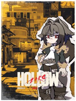 1girl belt brown_hair commentary_request droopy_ears fishnet_thighhighs fishnets fur-trimmed_jacket fur_trim green_jacket hair_between_eyes hair_intakes highres jacket long_hair official_alternate_costume open_clothes open_jacket red_eyes shirt solo thighhighs washan white_shirt ye_shunguang zenless_zone_zero