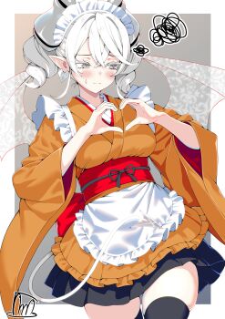 Rule 34 | 1girl, absurdres, alternate costume, apron, black thighhighs, blush, breasts, commentary request, demon girl, demon wings, duel monster, earrings, enmaided, grey eyes, heart, heart hands, highres, japanese clothes, jewelry, large breasts, lovely labrynth of the silver castle, maid, maid apron, pointy ears, solo, tama amata, thighhighs, wa maid, white hair, wings, yu-gi-oh!