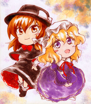 Rule 34 | 2girls, black capelet, black hat, black shoes, black skirt, blonde hair, blush stickers, bow, bowtie, brown eyes, brown hair, capelet, chibi, chibi only, closed mouth, collared dress, dress, dress ribbon, hair between eyes, hair bow, hat, hat bow, long dress, long sleeves, maribel hearn, marker (medium), mob cap, multiple girls, open mouth, puffy long sleeves, puffy sleeves, purple dress, purple eyes, red bow, red bowtie, red ribbon, reitaisai, ribbon, sanwa no jako (daikichi club), shirt, shirt tucked in, shoes, short hair, sitting, skirt, smile, socks, touhou, traditional media, usami renko, white bow, white hat, white shirt, white socks