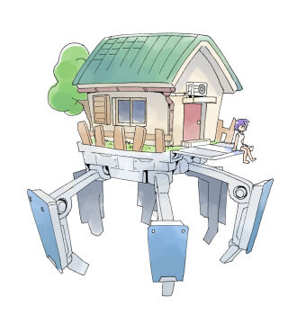 1girl air_conditioner door dress fence foot_dangle highres house masuki mecha original purple_hair robot short_hair simple_background sitting solo tree walker_(robot) white_background white_dress window wooden_fence