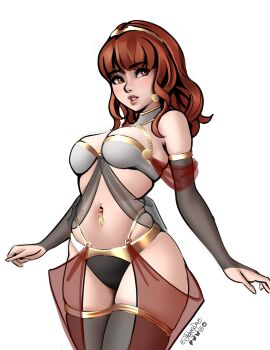 1girl absurdres alternate_costume black_panties black_thighhighs bra breasts celica_(fire_emblem) choker cleavage dancer earrings elbow_gloves fingerless_gloves fire_emblem fire_emblem_echoes:_shadows_of_valentia gloves highres jackary jewelry long_hair medium_breasts navel navel_piercing nintendo panties parted_lips piercing princess red_eyes red_hair stomach thick_thighs thighhighs thighs tiara underwear wide_hips