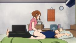 1boy 1girl animated ass bakugou_katsuki barefoot bed bedroom blonde_hair blush_stickers boku_no_hero_academia breasts brown_eyes brown_hair chair closed_eyes dimples floating floating_object hetero hug indoors krumbs_(dailykrumbs) lying matching_hair/eyes medium_breasts medium_hair muscular muscular_male official_style on_back pants pillow pillow_fight shirt short_hair short_shorts shorts sidelocks spiked_hair table television uraraka_ochako video