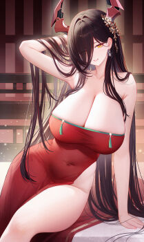 Rule 34 | 1girl, absurdres, arm up, armpit crease, azur lane, bare shoulders, black hair, breasts, cleavage, collarbone, commentary request, dress, earrings, eyes visible through hair, feet out of frame, friedrich der grosse (azur lane), friedrich der grosse (boudoir's lingering flame) (azur lane), hair intakes, hair over one eye, highres, horns, huge breasts, jewelry, jianshu, long hair, looking at viewer, mechanical horns, official alternate costume, parted lips, red dress, red horns, side slit, sitting, smile, solo, straight hair, strapless, strapless dress, thighs, very long hair, yellow eyes