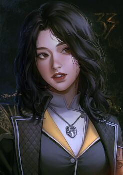 1girl absurdres asian black_coat black_hair black_vest brown_eyes clair_obscur:_expedition_33 clenched_teeth coat commentary dark_background english_commentary facial_mark highres jewelry lapels looking_to_the_side lune_(clair_obscur:_expedition_33) medium_hair necklace red_lips rezoeline shirt signature solo teeth upper_body vest white_shirt