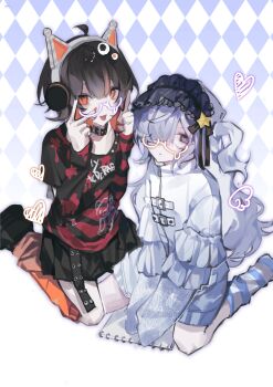 Rule 34 | 2girls, absurdres, alternate costume, animal ears, argyle background, black collar, black hair, black shoes, black skirt, closed mouth, collar, drawn wings, fake animal ears, full body, glasses, hair over one eye, hairband, headphones, highres, jacket, leg warmers, lolita hairband, long hair, long sleeves, looking at viewer, mahou shoujo no majo saiban, multicolored hair, multiple girls, natsume an-an, open mouth, orange eyes, red sweater, saitensei, sawatari coco, shoes, sitting, skirt, sleeves past fingers, sleeves past wrists, smile, star (symbol), streaked hair, striped clothes, striped sweater, sweater, v, white hair, white jacket
