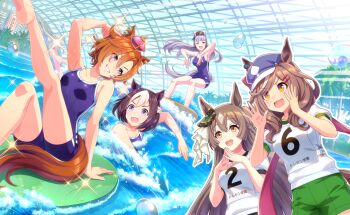 5girls animal_ear_piercing animal_ears artist_request bare_legs bare_shoulders barefoot black_hat blue_bow blue_hat blue_one-piece_swimsuit blunt_bangs bow braid brown_hair bubble cheering collarbone cowboy_shot crown day determined diamond_(shape) dot_nose ear_bow ear_ornament ear_ribbon ears_through_headwear eyelashes eyes_visible_through_hair floating_hair frown game_cg gold_ship_(umamusume) green_shorts greenhouse grey_hair grin hair_between_eyes hair_ornament hairclip half_up_braid hand_in_own_hair happy hat head_tilt highres horse_ears horse_girl horse_tail indoors kickboard light_blush light_particles long_hair looking_at_another matikanetannhauser_(umamusume) mini_crown multicolored_hair multiple_girls multiple_piercings nervous_smile newsboy_cap official_art one-piece_swimsuit orange_hair outline outstretched_leg own_hands_together palm_tree parallel_hairclips pink_bow pink_crown pink_eyes puffy_short_sleeves puffy_sleeves purple_bow purple_eyes ribbon satono_diamond_(umamusume) shirt short_hair short_shorts short_sleeves shorts single_braid sitting smile sparkle special_week_(umamusume) sportswear standing streaked_hair surfing sweatdrop swept_bangs swimming swimsuit t.m._opera_o_(umamusume) tail tareme teeth third-party_source tracen_swimsuit tree two-tone_hair umamusume upper_teeth_only v-shaped_eyebrows very_long_hair wet white_hair white_outline white_ribbon white_shirt yellow_eyes