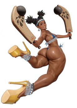 Rule 34 | 1girl, ass, bikini, black hair, breasts, brown eyes, club (weapon), dark-skinned female, dark skin, high heels, huge ass, jeff ulises, lily hawk, long hair, looking at viewer, looking back, micro bikini, multi-tied hair, pogamoggan, small breasts, street fighter, street fighter 6, swimsuit, teeth, thong, thong bikini, white background