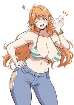 1girl bangle bare_shoulders bikini bikini_top_only blue_pants blush bracelet breasts cleavage collarbone commentary cowboy_shot denim earrings green_bikini groin halterneck hand_on_own_hip highres jeans jewelry kojirou! large_breasts log_pose long_hair looking_at_viewer musical_note nami_(one_piece) navel ok_sign one_eye_closed one_piece open_mouth orange_hair pants pearl_earrings simple_background single_sidelock solo stomach swimsuit symbol-only_commentary white_background
