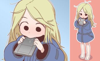 1girl absurdres ahoge barefoot biting blonde_hair blue_background blue_coat bottomless child coat diana_(pragmata) feet highres long_hair messy_hair mob_face no_shoes orenjipiiru pink_background pragmata simple_background