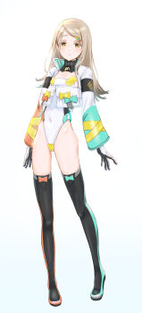 1girl alice_gear_aegis black_thighhighs blonde_hair color_connection colored_eyelashes commentary_request cosplay full_body gakuen_idolmaster gloves hair_color_connection hair_ornament hairclip highleg highleg_leotard highres idolmaster jacket leotard long_hair looking_at_viewer lowlegist multicolored_gloves multicolored_jacket orange_eyes rakuhana_meru rakuhana_meru_(cosplay) shinosawa_hiro solo thighhighs two-tone_gloves white_gloves white_leotard