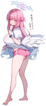 1girl absurdres angel_wings black_scrunchie blue_archive blush breasts commentary_request feathered_wings full_body gradient_halo hair_between_eyes hair_bun halo highres korean_commentary kyoto_mogu long_hair looking_at_viewer low_wings mika_(blue_archive) multicolored_halo open_mouth pink_halo scrunchie shirt shorts simple_background single_side_bun smile solo translation_request white_background white_shirt white_wings wings wrist_scrunchie
