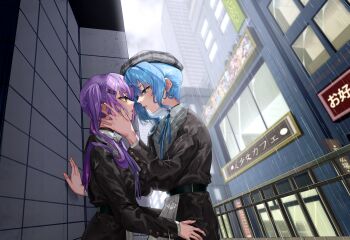 2girls absurdres black_coat blue_eyes blue_hair building city coat commentary_request eredhen eye_contact green_eyes grey_hat hand_on_another's_face hand_on_another's_waist hat highres hololive hoshimachi_suisei long_hair looking_at_another multiple_girls outdoors parted_lips purple_hair rain tokoyami_towa twintails virtual_youtuber yuri