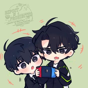 2boys :o ahoge black_coat black_eyes black_hair black_shirt coat collared_shirt commentary_request double-parted_bangs hair_between_eyes highres kim_dokja kimidori_22 male_focus motion_lines multiple_boys nintendo_switch omniscient_reader&#039;s_viewpoint open_clothes open_coat playing_games popped_collar sharing shirt short_hair upper_body yoo_joonghyuk