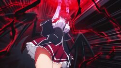 1girl ahoge animated anime_screenshot arms_up ass black_bra black_panties blue_eyes bouncing_breasts bra breasts button_gap card censored_nipples closed_eyes corset demon_girl demon_wings high_school_dxd highres kuoh_academy_school_uniform large_breasts long_hair long_sleeves magic panties pleated_skirt red_hair red_skirt rias_gremory school_uniform shirt skirt sound tagme thighs tnk_(company) underbust underwear very_long_hair video vtuber_nandaga_haishin_kiriwasuretara_densetsu_ni_natteta white_shirt wings