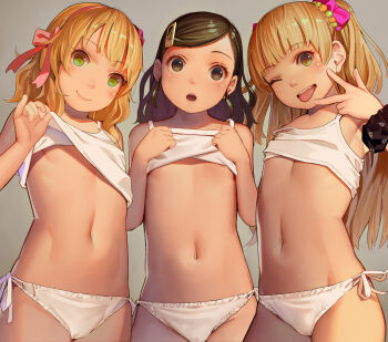 3girls black_eyes black_hair blonde_hair blush bow camisole camisole_lift clothes_lift commentary_request fang flat_chest green_eyes grey_background groin gyaru hair_bow hair_ornament hair_ribbon hairband hairclip hands_on_own_chest head_tilt highres idolmaster idolmaster_cinderella_girls jougasaki_rika lifting_own_clothes loli long_hair looking_at_viewer muk_(monsieur) multiple_girls navel no_bra one_eye_closed open_mouth panties ribbon sakurai_momoka scrunchie shuto_aoi side-tie_panties simple_background smile standing stomach strap_slip teeth tongue tongue_out two_side_up underwear underwear_only v white_panties wrist_scrunchie