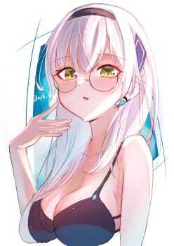 absurdres blush breasts glasses green_eyes hairband heaven_burns_red highres izumi_yuki_(heaven_burns_red) large_breasts long_hair myth_saka swimsuit twitter_username white_hair